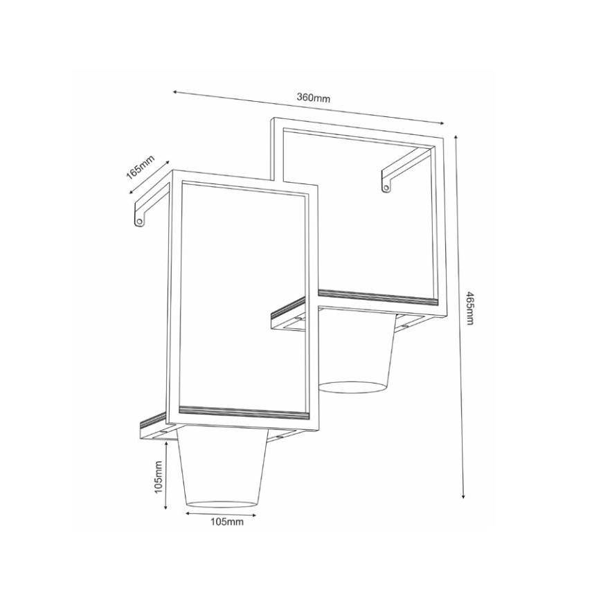 Nástená polica s dvoma otvormi na kvetináče, pripevnená na stenu, má rozmery 360mm x 465mm x 165mm a vnútorné rozmery otvorov 105mm.