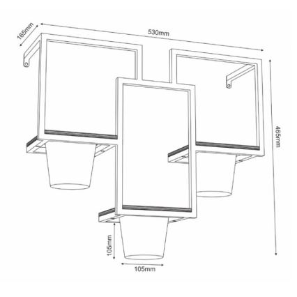 Trojdielny závesný kvetináč s rozmermi 530x465x165 mm. Tri valcovité nádoby sú umiestnené na ráme, pričom každá nádoba má priemer 105 mm a výšku 105 mm.