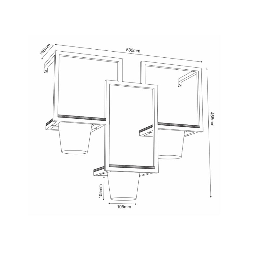 Trojdielny závesný kvetináč s rozmermi 530x465x165 mm. Tri valcovité nádoby sú umiestnené na ráme, pričom každá nádoba má priemer 105 mm a výšku 105 mm.