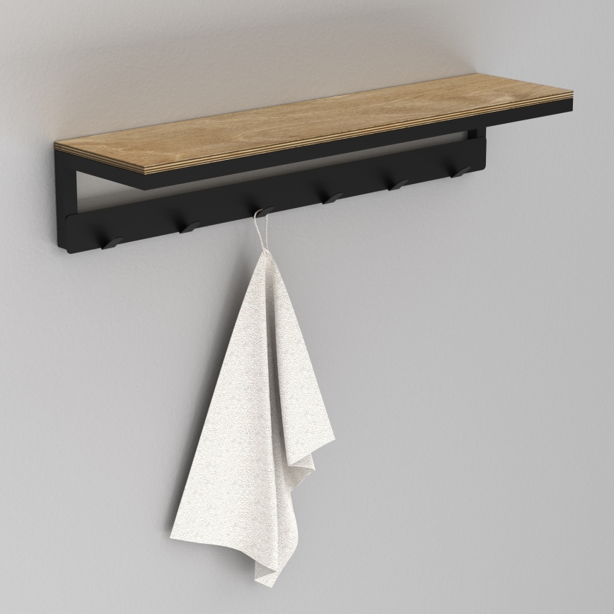 Nástenný vešiak na uteráky s poličkou 10x60 cm čierna