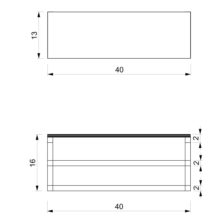 Technický výkres zobrazuje rozmery stolíka. Stolík má rozmery 40x16 cm a výšku 13 cm. Je znázornený s tromi vnútornými policami s rozostupom 2 cm.