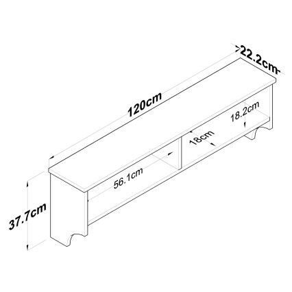 Drevená polica s dvoma priečinkami, rozmerov 120cm x 56.1cm x 37.7cm, umiestnená na stene. Výška zadnej časti je 22.2cm, hĺbka priečinkov 18cm a 18.2cm.