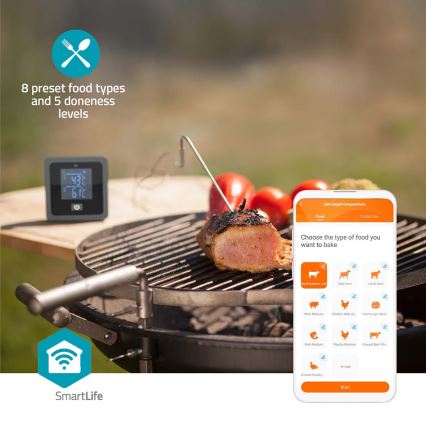 Inteligentný digitálny teplomer na mäso SmartLife s LCD displejom, rozsah 0–300 °C, napájanie 2× AAA