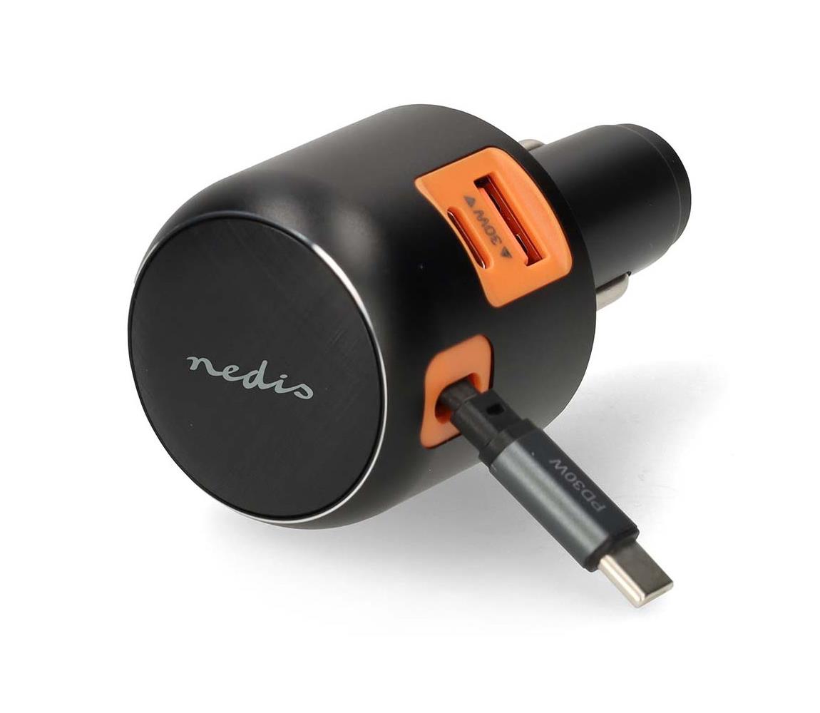 CCH1C1A60WBK - Autonabíjačka so zatahovacím káblom PD 30 W, 2× USB-C + 1× USB-A CCH1C1A60WBK