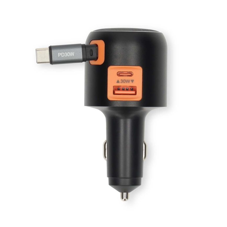 Autonabíjačka so zatahovacím káblom Power Delivery 30W 2xUSB-C + 1xUSB-A