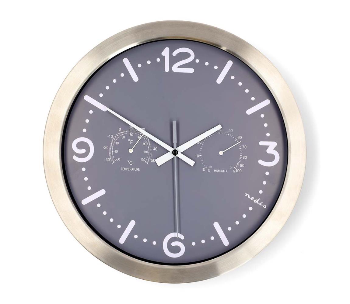 CLWA5226SS - Nástenné hodiny s teplomerom a vlhkomerom, priemer 30,5 cm, 1xAA, nerez CLWA5226SS