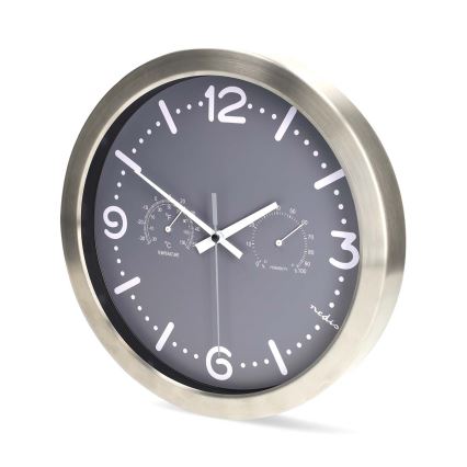 Nástenné hodiny s teplomerom a vlhkomerom, priemer 30,5 cm, 1xAA, nerez/sivá