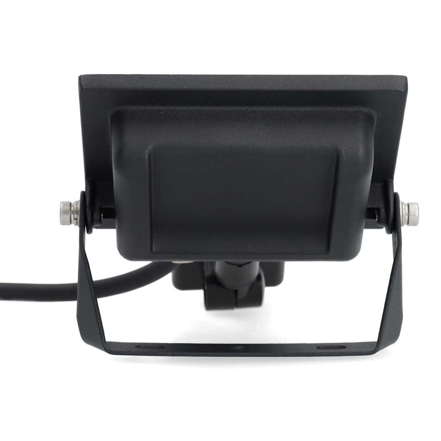 Čierne vonkajšie LED svietidlo je pripevnené na nastaviteľnom držiaku. Svietidlo je pripojené káblom. Je zobrazené zo zadnej strany na bielom pozadí.