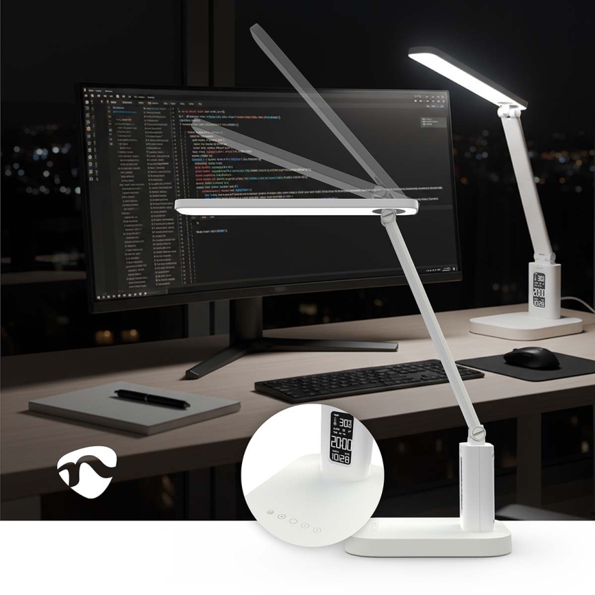 LED Stmievateľná nabíjacia dotyková stolová lampa s displejom LED/7,5W/1200 mAh 3000/4000/5700K CRI 90 biela