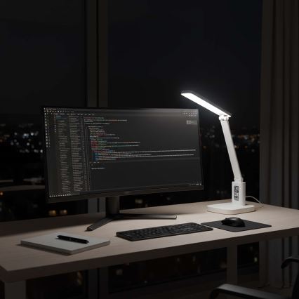 LED Stmievateľná nabíjacia dotyková stolová lampa s displejom LED/7,5W/1200 mAh 3000/4000/5700K CRI 90 biela