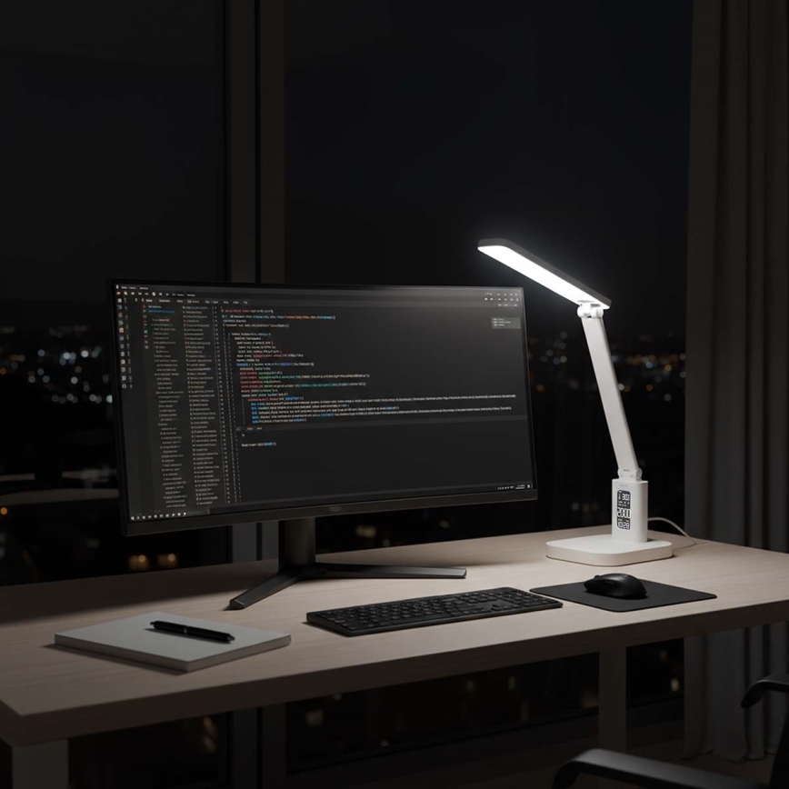 LED Stmievateľná nabíjacia dotyková stolová lampa s displejom LED/7,5W/1200 mAh 3000/4000/5700K CRI 90 biela