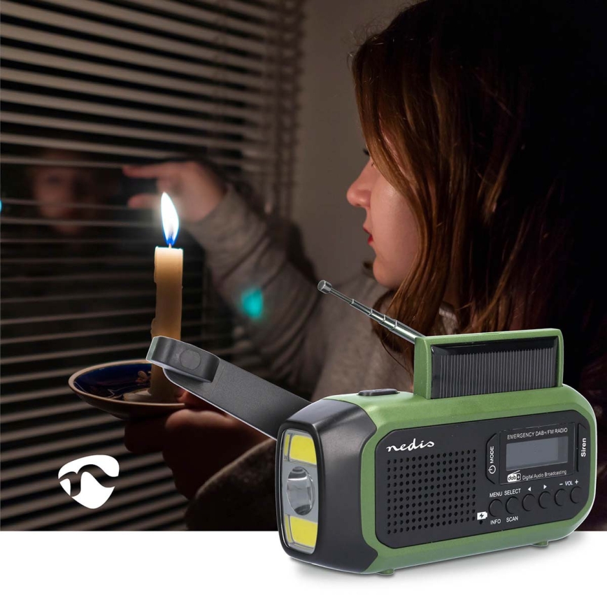 Rádio DAB+/FM s kľukou, solárnym panelom a LED svietidlom, 5V/2500 mAh, zelená/čierna
