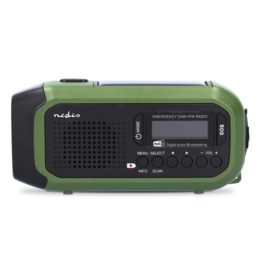 Rádio DAB+/FM s kľukou, solárnym panelom a LED svietidlom, 5V/2500 mAh, zelená/čierna