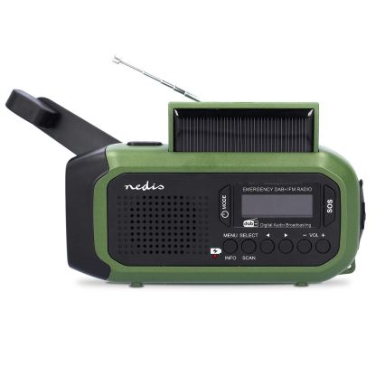 Rádio DAB+/FM s kľukou, solárnym panelom a LED svietidlom, 5V/2500 mAh, zelená/čierna