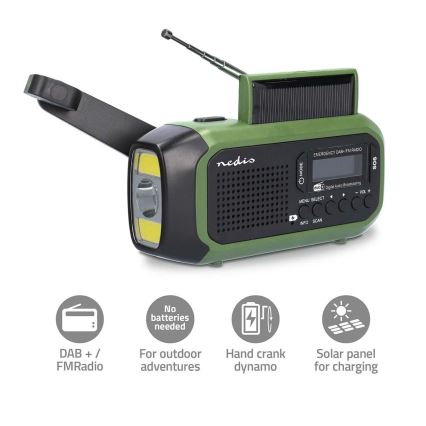 Rádio DAB+/FM s kľukou, solárnym panelom a LED svietidlom, 5V/2500 mAh, zelená/čierna