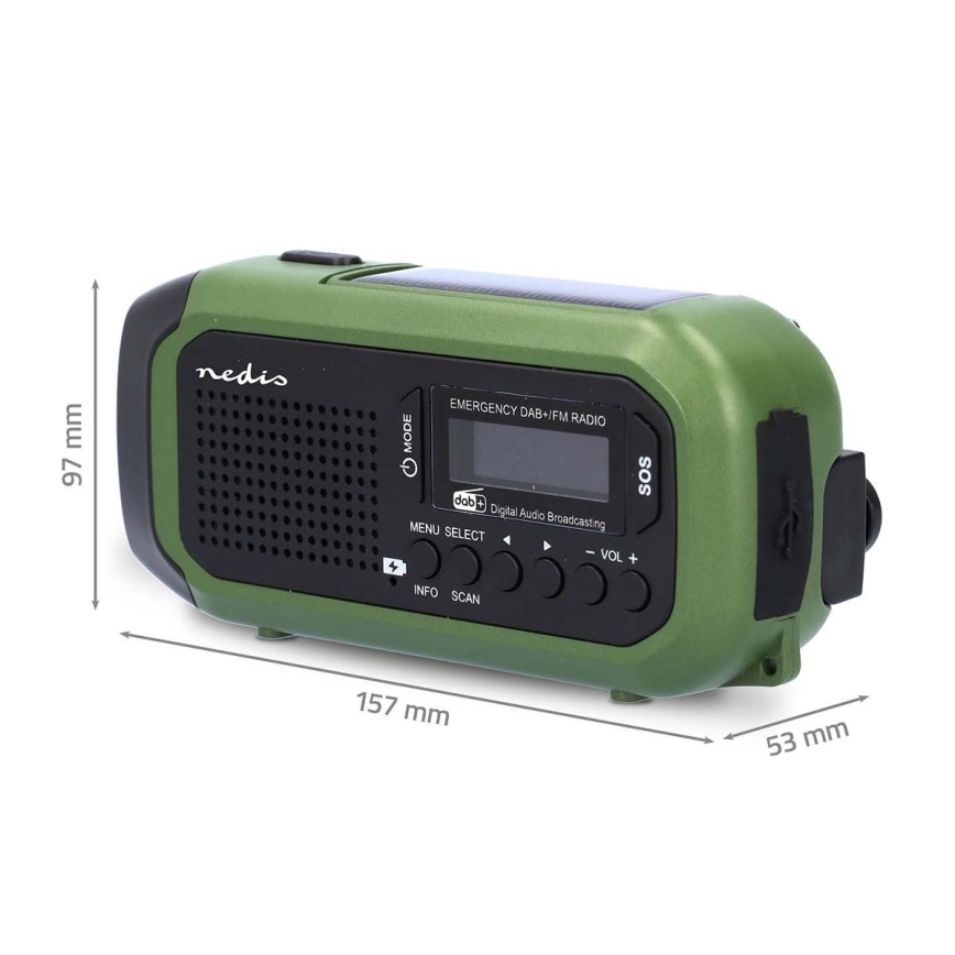 Rádio DAB+/FM s kľukou, solárnym panelom a LED svietidlom, 5V/2500 mAh, zelená/čierna