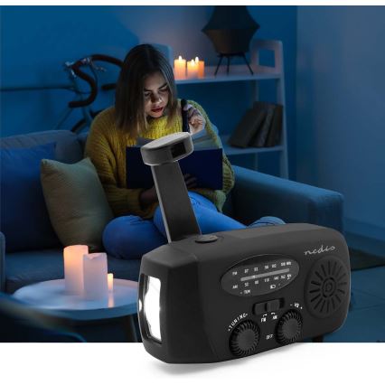 Kľukové AM/FM rádio so solárnym panelom a LED svietidlom s batériou 2000 mAh