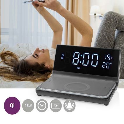 Budík s LCD displejom a bezdrôtovou nabíjačkou 15W/230V + 1xCR2032 čierna