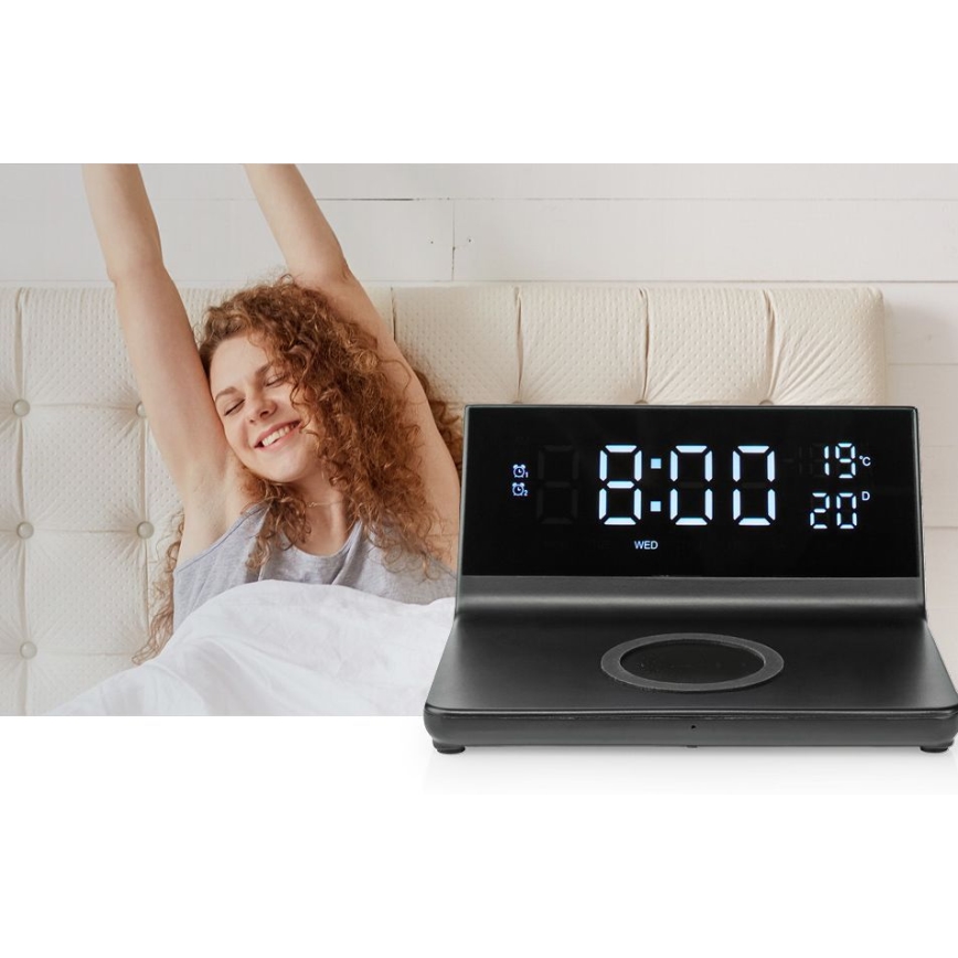 Budík s LCD displejom a bezdrôtovou nabíjačkou 15W/230V + 1xCR2032 čierna