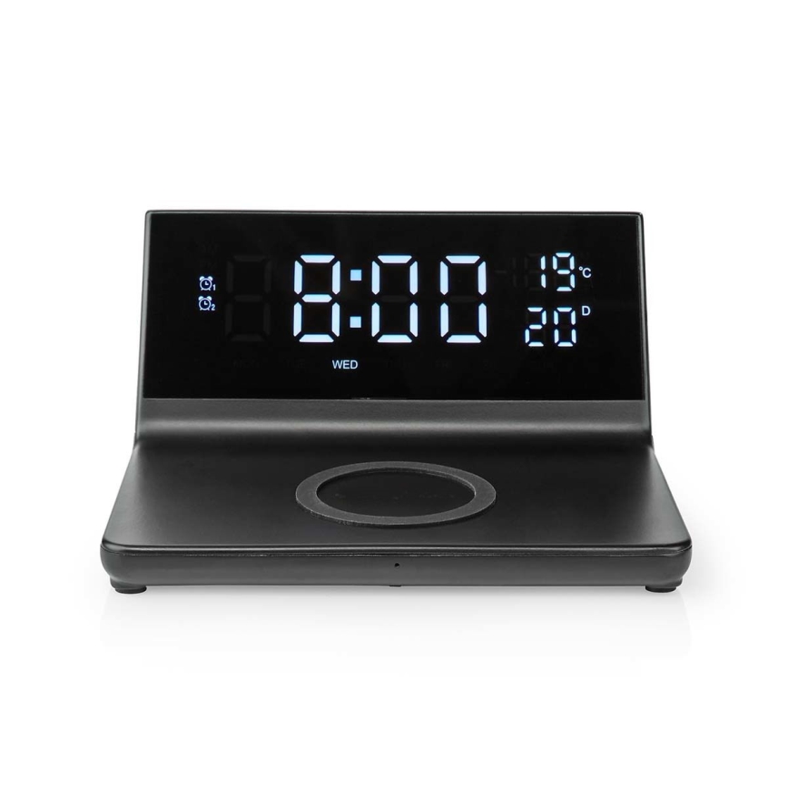 Budík s LCD displejom a bezdrôtovou nabíjačkou 15W/230V + 1xCR2032 čierna