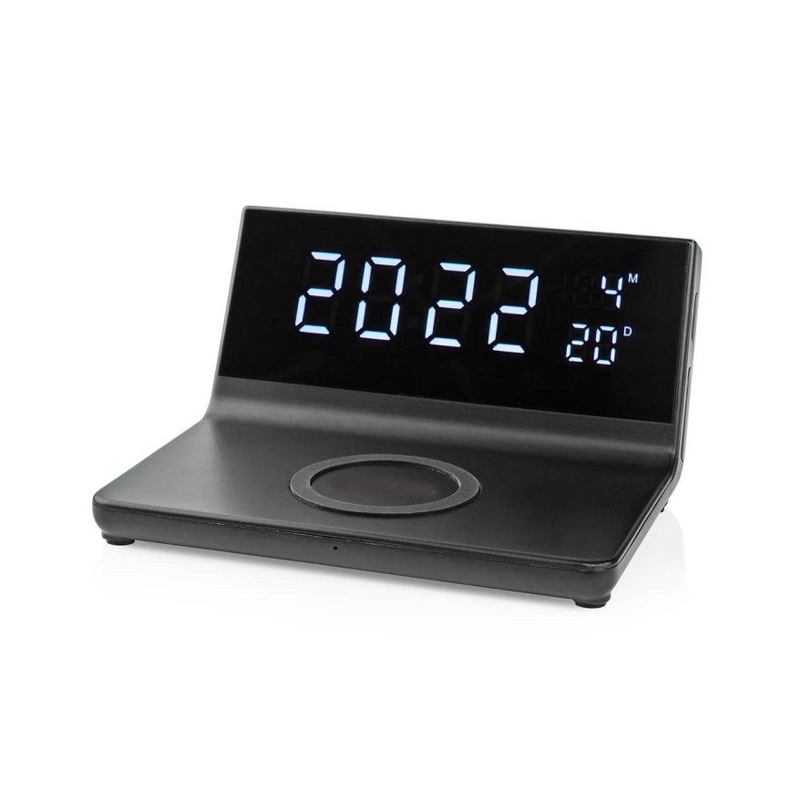 Budík s LCD displejom a bezdrôtovou nabíjačkou 15W/230V + 1xCR2032 čierna