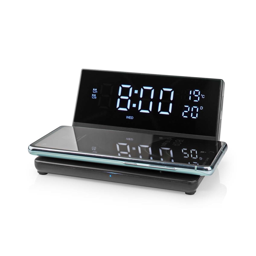 Budík s LCD displejom a bezdrôtovou nabíjačkou 15W/230V + 1xCR2032 čierna