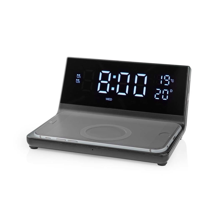 Budík s LCD displejom a bezdrôtovou nabíjačkou 15W/230V + 1xCR2032 čierna