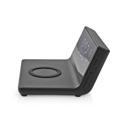 Budík s LCD displejom a bezdrôtovú nabíjačkou 15W/5V + 1xCR2032 čierna