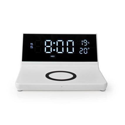 Budík s LCD displejom a bezdrôtovou nabíjačkou 15W/230V + 1xCR2032 biela