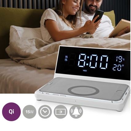 Budík s LCD displejom a bezdrôtovú nabíjačkou 15W/5V + 1xCR2032 biela