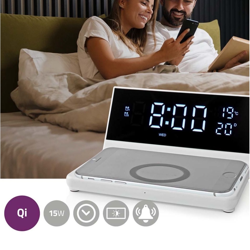 Budík s LCD displejom a bezdrôtovú nabíjačkou 15W/5V + 1xCR2032 biela