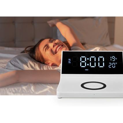 Budík s LCD displejom a bezdrôtovú nabíjačkou 15W/5V + 1xCR2032 biela