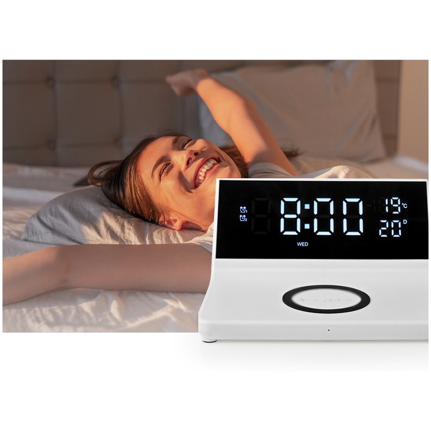 Budík s LCD displejom a bezdrôtovú nabíjačkou 15W/5V + 1xCR2032 biela