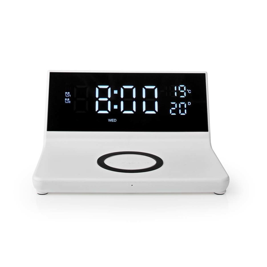 Budík s LCD displejom a bezdrôtovú nabíjačkou 15W/5V + 1xCR2032 biela