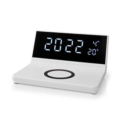 Budík s LCD displejom a bezdrôtovú nabíjačkou 15W/5V + 1xCR2032 biela