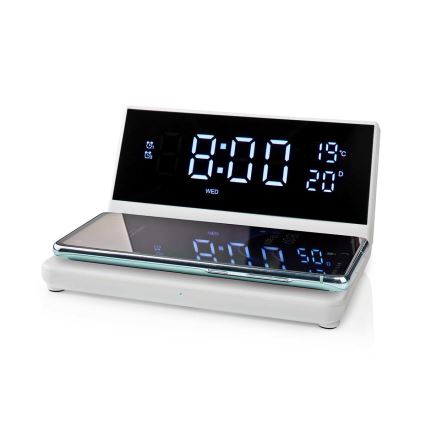 Budík s LCD displejom a bezdrôtovú nabíjačkou 15W/5V + 1xCR2032 biela