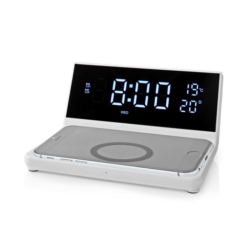 Budík s LCD displejom a bezdrôtovú nabíjačkou 15W/5V + 1xCR2032 biela