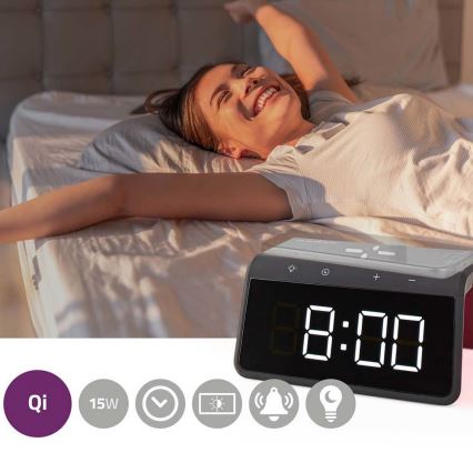 Budík s LCD displejom a bezdrôtovou nabíjačkou 15W/230V 1x CR2032 čierna