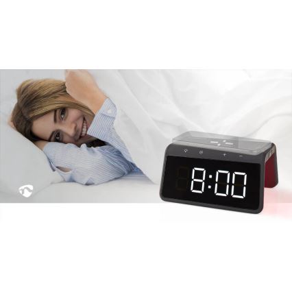 Budík s LCD displejom a bezdrôtovou nabíjačkou 15W/230V 1x CR2032 čierna