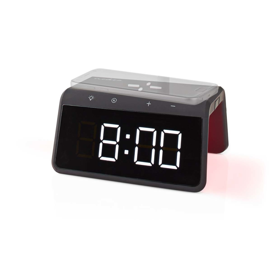 Budík s LCD displejom a bezdrôtovou nabíjačkou 15W/230V 1x CR2032 čierna