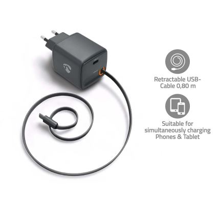 Nabíjačka s vysúvateľným káblom Power Delivery 65 W, 2× USB‑C, čierna