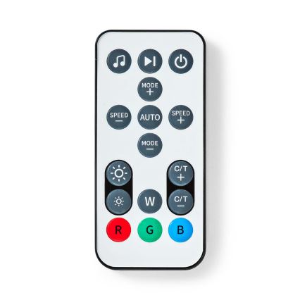 Diaľkový ovládač zobrazuje tlačidlá pre ovládanie režimu, rýchlosti, farieb (RGB) a teploty farieb (C/T), pričom obsahuje aj tlačidlá pre automatický režim a zapnutie/vypnutie. Na bielom pozadí.