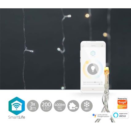 LED vianočný záves 200 LED / 11 funkcií, 6 m, IP65, Wi‑Fi Tuya, teplá až studená biela