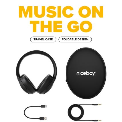 Slúchadlá bezdrôtovej technológie sú zobrazené s prenosným puzdrom, nabíjacím káblom a káblom s audio konektorom. Text uvádza: „MUSIC ON THE GO“, „TRAVEL CASE“, „FOLDABLE DESIGN“. Puzdro je označené značkou „niceboy“.