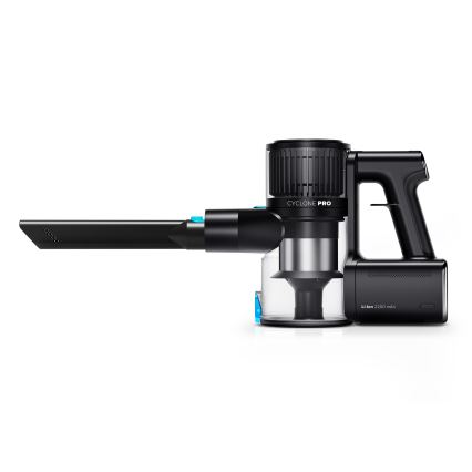 Bezdrôtový vysávač Cyclone Pro s nástavcom vysáva. Batéria Li-ion 2200 mAh. Na bielom pozadí.