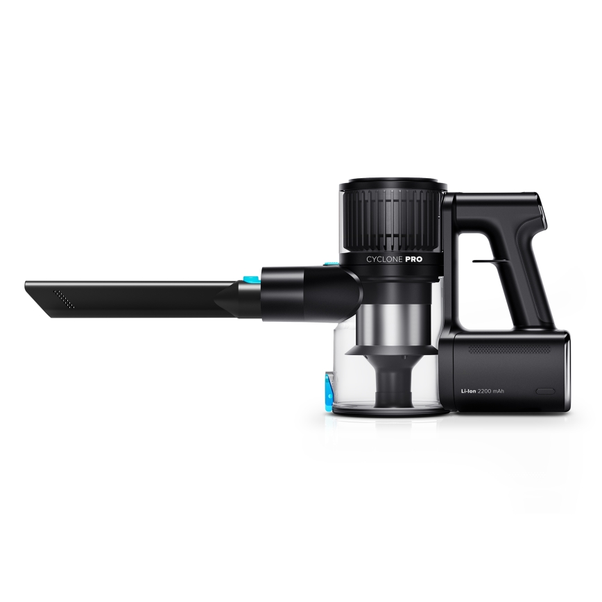 Bezdrôtový vysávač Cyclone Pro s nástavcom vysáva. Batéria Li-ion 2200 mAh. Na bielom pozadí.