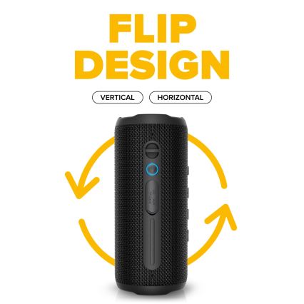 Prenositelný reproduktor, otočný vertikálne a horizontálne, je zobrazený na bielom pozadí. Nad reproduktorom je text: FLIP DESIGN, VERTICAL, HORIZONTAL.