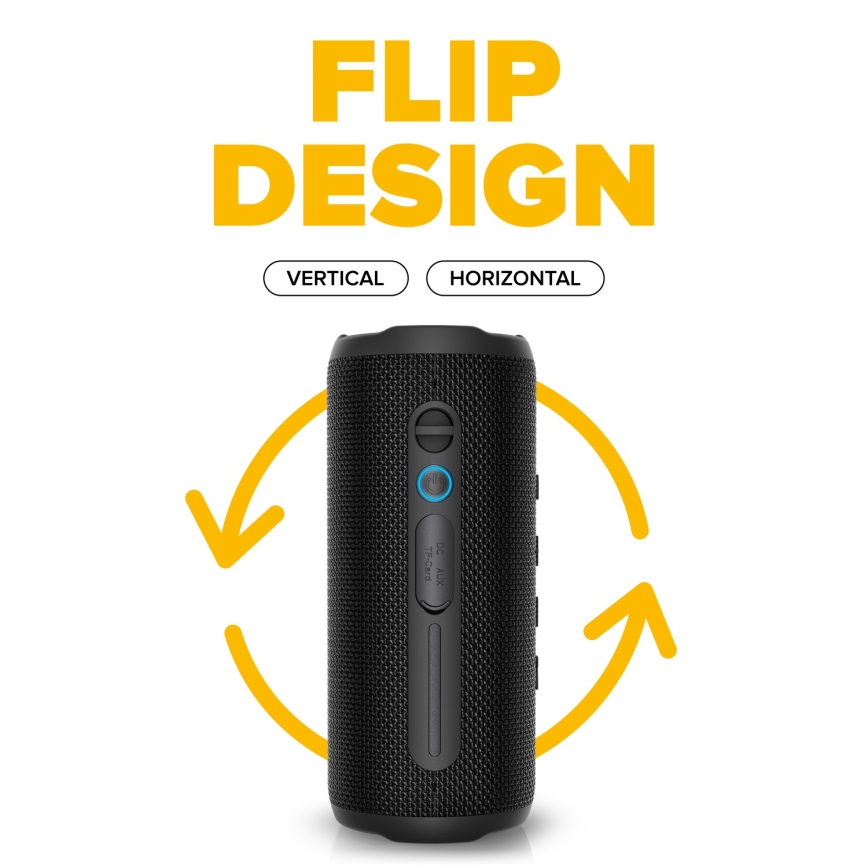 Prenositelný reproduktor, otočný vertikálne a horizontálne, je zobrazený na bielom pozadí. Nad reproduktorom je text: FLIP DESIGN, VERTICAL, HORIZONTAL.