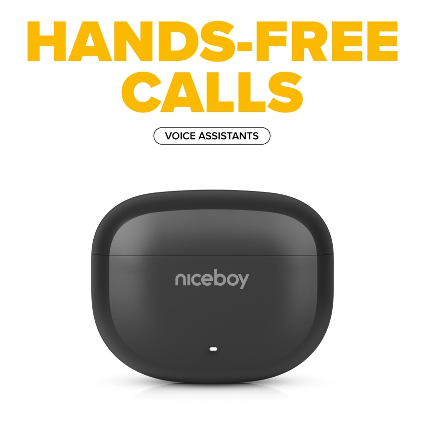 Puzdro na slúchadlá značky Niceboy je zobrazené na bielom pozadí. Na obrázku je text: HANDS-FREE CALLS a VOICE ASSISTANTS.
