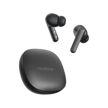 Dve bezdrôtové slúchadlá s puzdrom ležia na bielom pozadí. Puzdro je tmavosivé, s nápisom „niceboy“. Slúchadlá sú tiež tmavosivé.